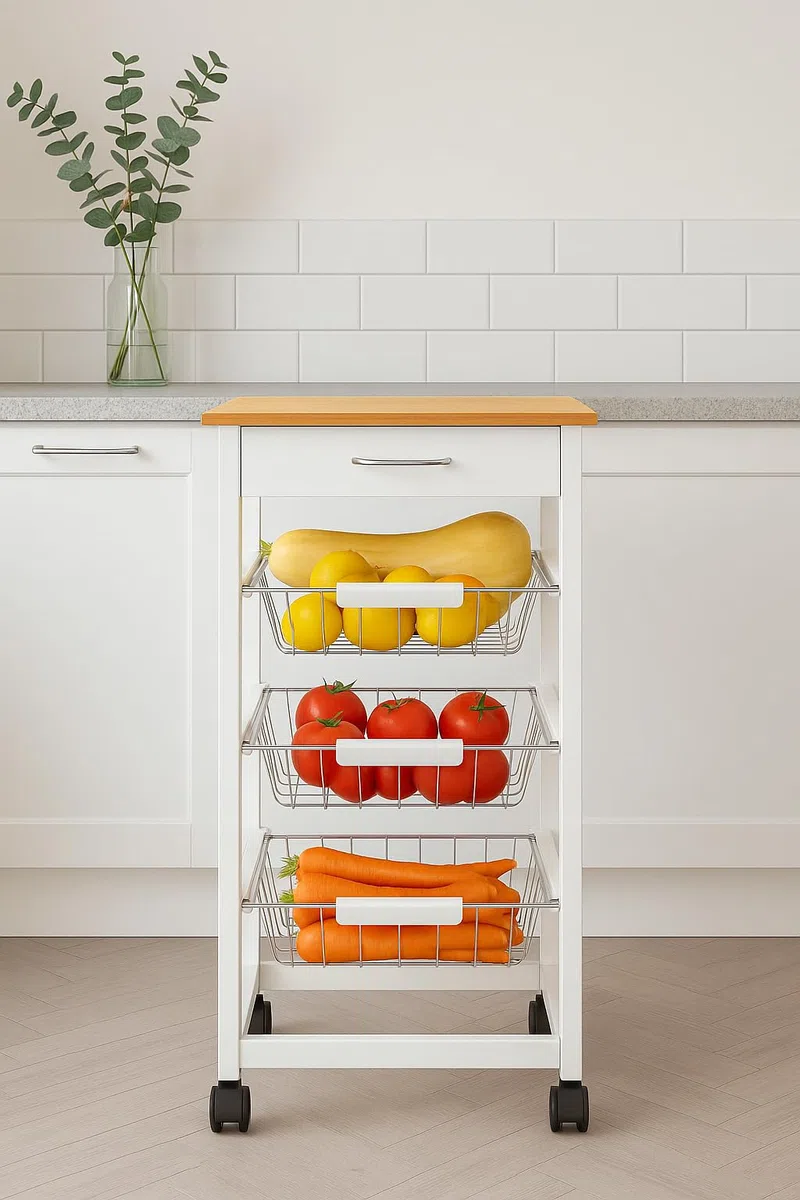Verdulero frutero, Carro de Cocina con Ruedas, 37x37x85 Blanco Tapa Madera Oporto 6