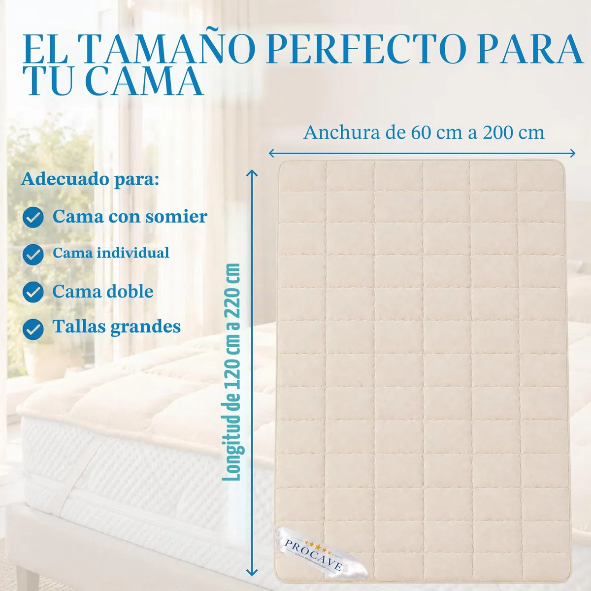 PROCAVE Protector de colchón Acolchado de Lana Virgen,Funda Transpirable para Cama, Cubrecolchón con 4 Gomas angulares 160x200 cm