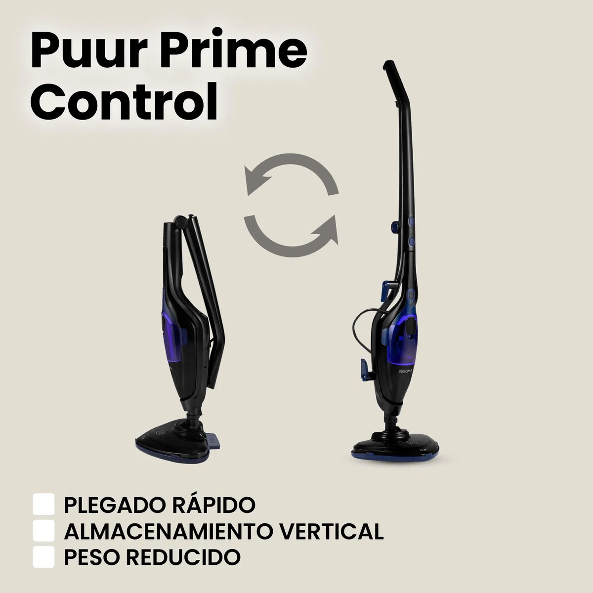 ZEEGMA Puur Prime Control – Mopa de Vapor 2 en 1 con 13 Accesorios, 1500 W, Depósito Extraíble 400 ml, Calentamiento 20 s, 3 Niveles de Vapor, Cabezal Giratorio, Cable 7 m – Limpieza sin Químicos