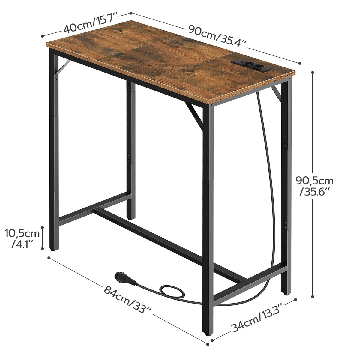 HOOBRO Mesa de Bar con Cargador, Mesa Alta, Travesaño Inferior, Marco Triangular, Mesa de Cocina Estrecha y Larga, Estilo Vintage, Marrón Rústico EBF90CBT01