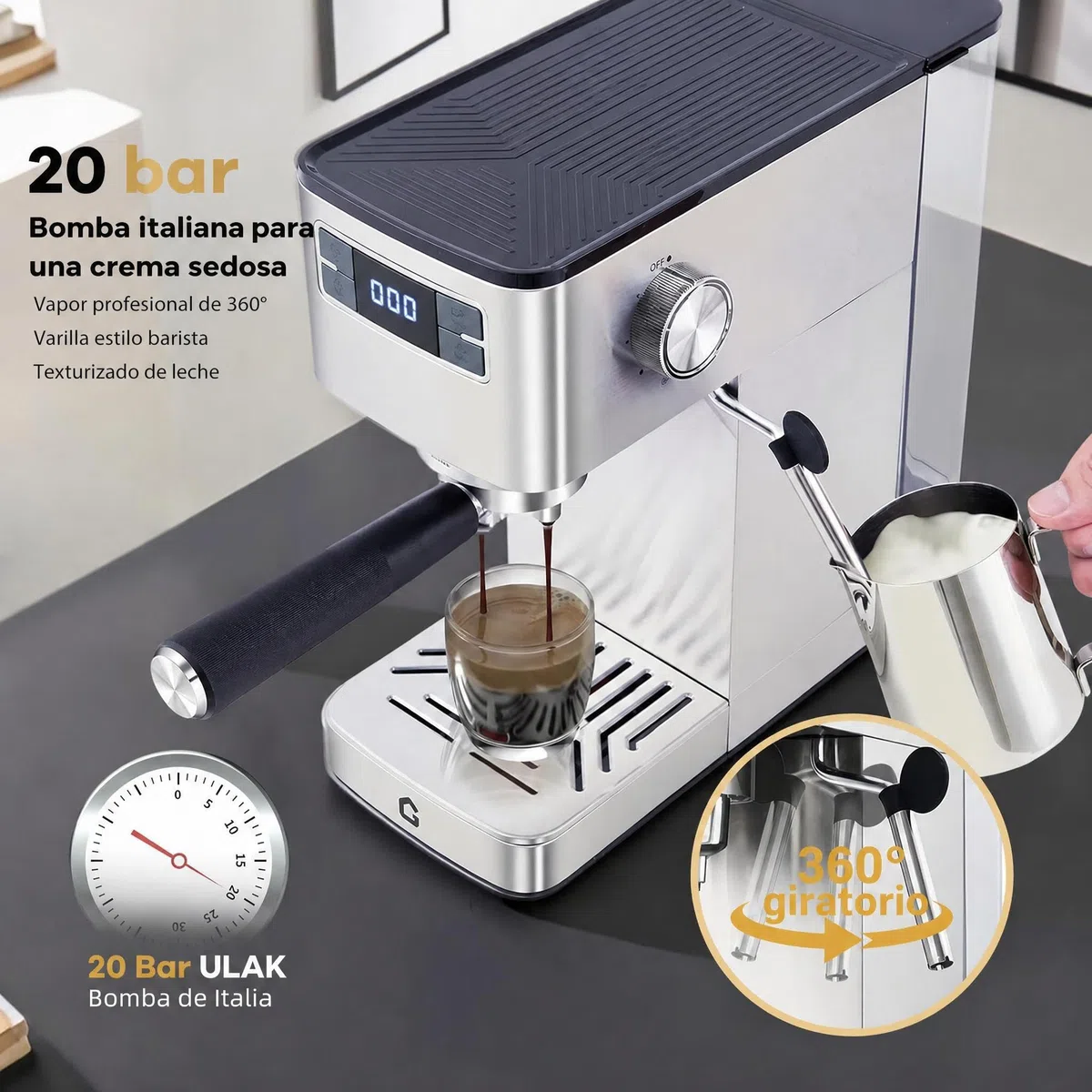Garvee Máquina De Café Expreso De 15 Bares De Acero Inoxidable, Semiautomática Con Espumador De Leche,Diseño Compacto Depósito De Agua Extraíble De 1,4 l, Pantalla Digital, Perfecta Para Capuchi
