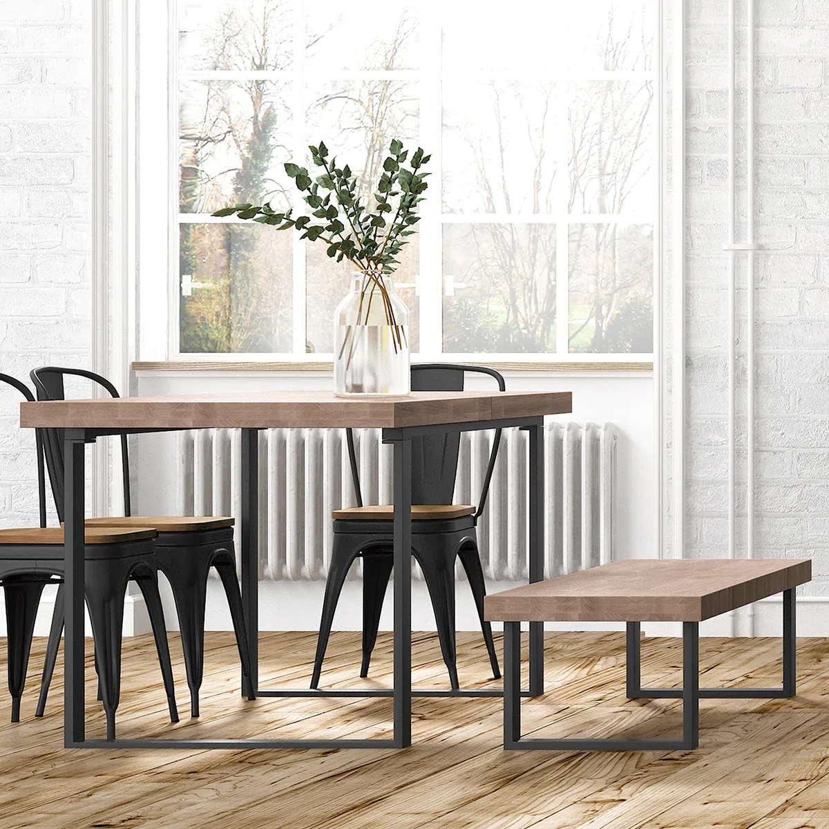 Adec Group Loft, Banco para Mesa de Comedor, Asiento Auxiliar, Acabado en Roble Honey y Negro, Medidas: 120 cm (Largo) x 47 cm (Alto) x 34 cm (Fondo)
