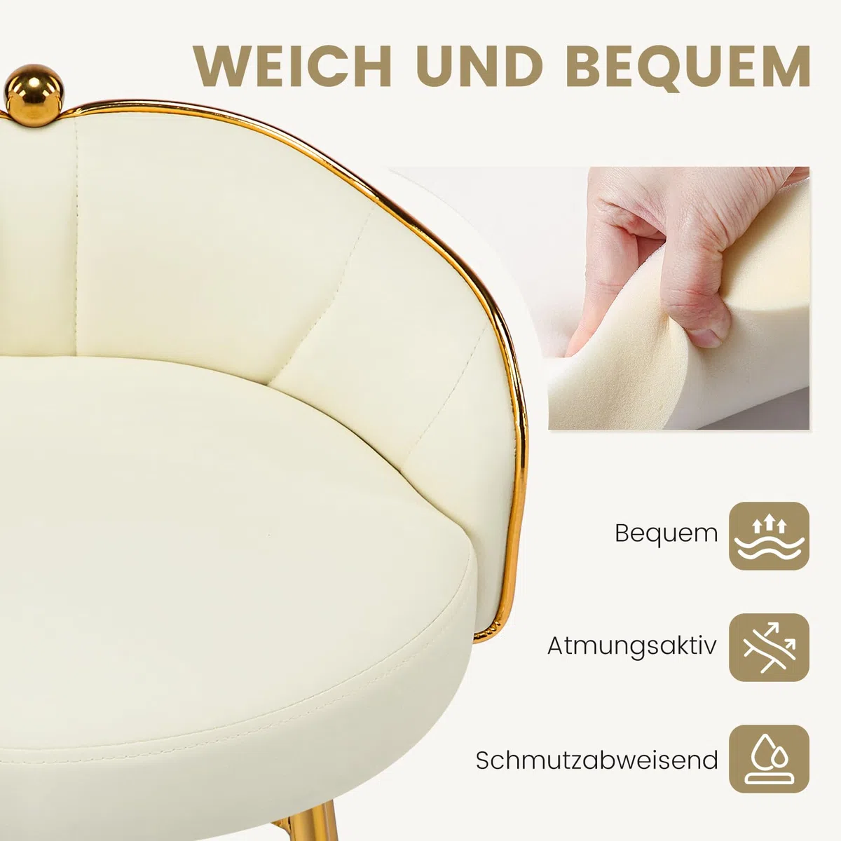 Hellove Lindo Taburete De Tocador Giratorio, Sin Brazos, con Patas De Metal Dorado, Taburete Giratorio, Reposapiés, Stool De Maquillaje, Stool De Cuero para Dormitorio, Salón, Comedor, Beige