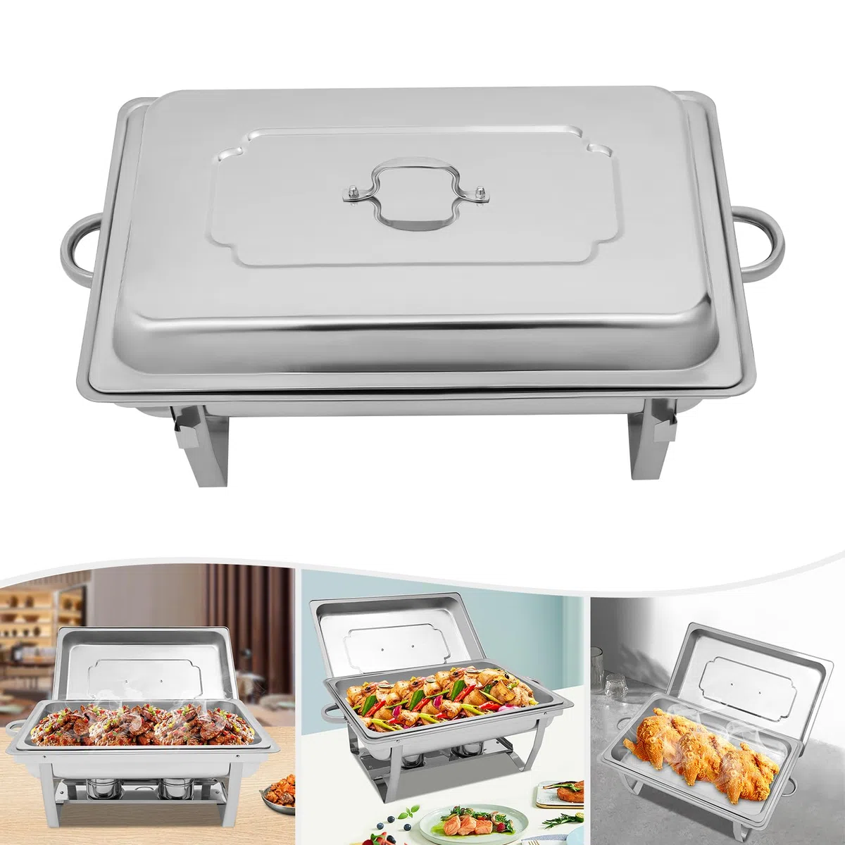 Chafing Dish Buffet Set Set 9L Acero Inoxidable Calentador, 62 x 34 x 31 Calientaplatos y Calentadores de Comida, Recipiente de calor, para Catering, Buffet, Fiesta, Boda, Plata