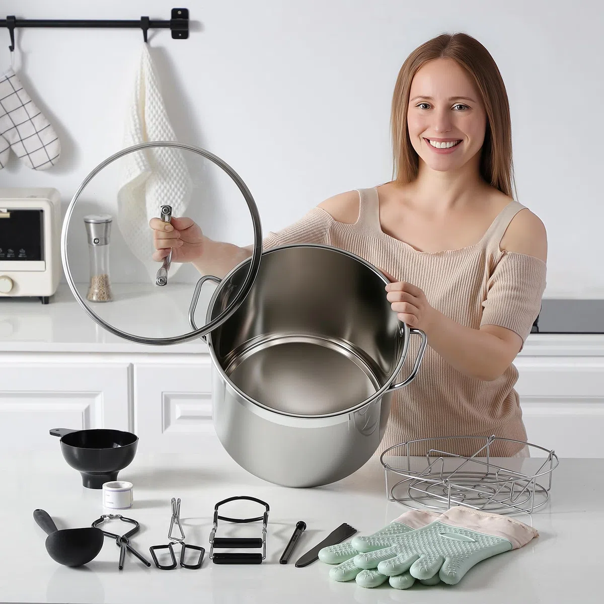 Olla de Conservas de Acero Inoxidable con Rejilla y Tapa, Gran Olla de Baño María, Kit Completo de Conservación para el Hogar (Negro, 19L)