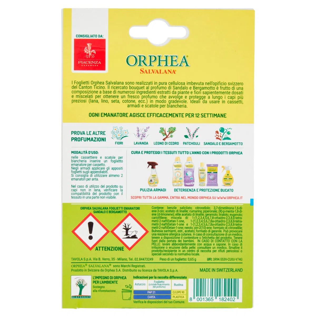 Orphea 12 hojas de papel para cajones y armarios protege lana y fibras naturales al perfume de sándalo y bergamota - 12 paquetes de 12 hojas cada una