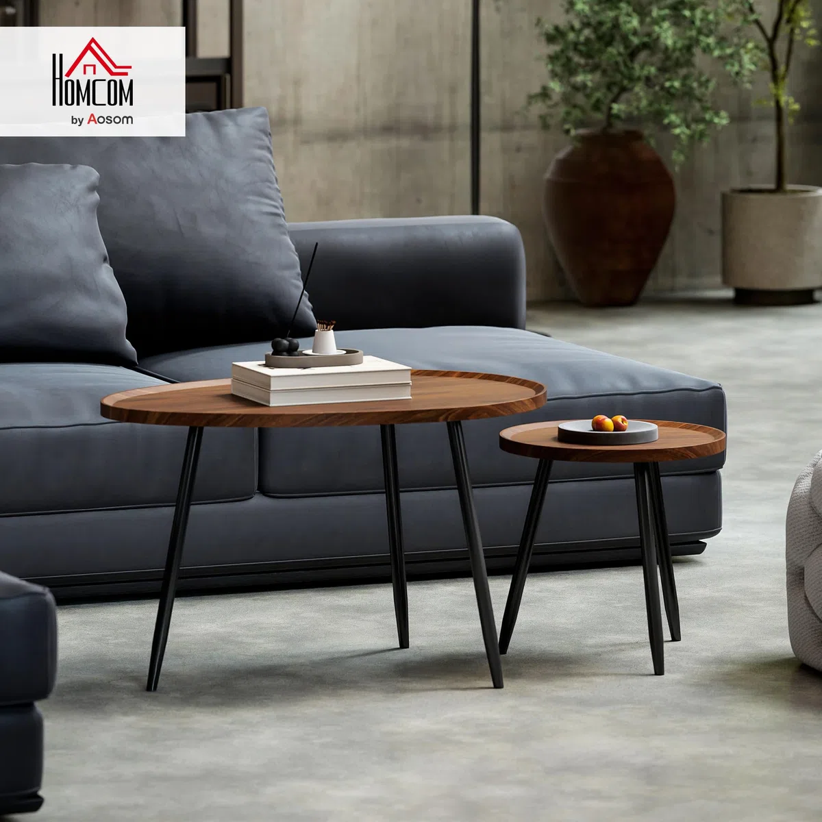 HOMCOM Juego de 2 Mesas Auxiliares Apilables Mesas Nido Mesitas de Café Estilo Moderno con Marco de Metal para Salón Dormitorio Oficina 80x55x49 cm y Ø40x39 cm Efecto Madera y Negro