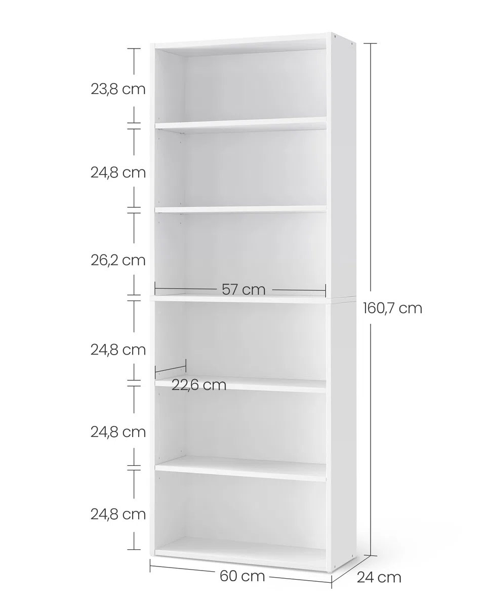 VASAGLE Custos Colección - Librería de 6 Niveles, Estantería de Libros, Organizador con Compartimentos, Estantes Abiertos y Ajustables, para Sala de Estar, Oficina, Dormitorio, Blanco Nube LBC166T14