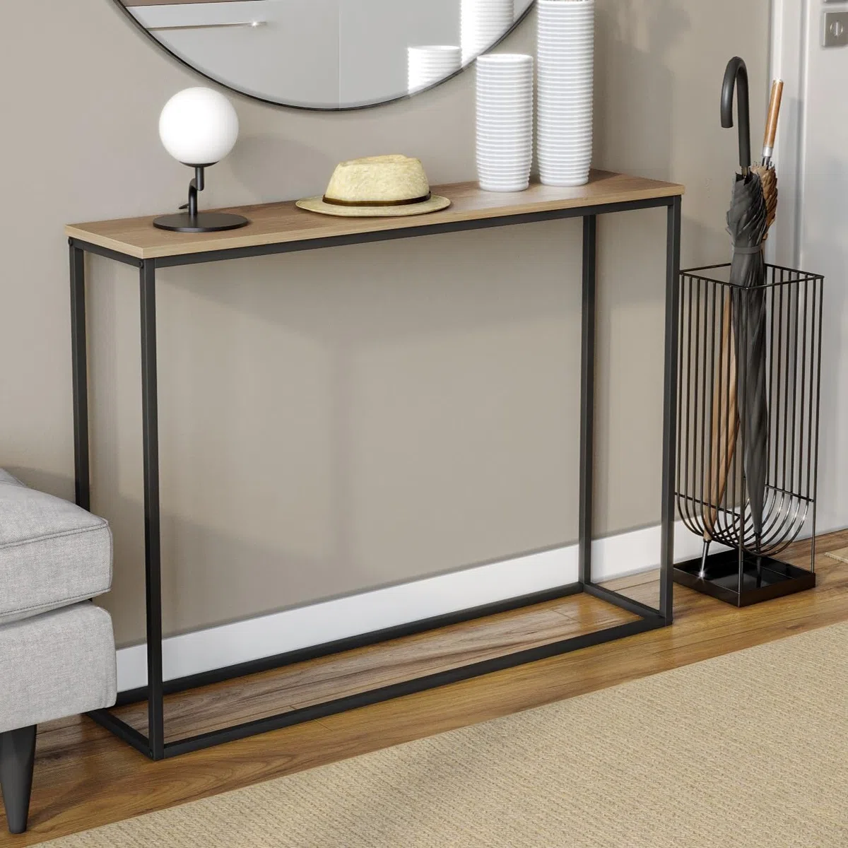URBNLIVING Consola de recibidor de madera con patas de metal (Roble)