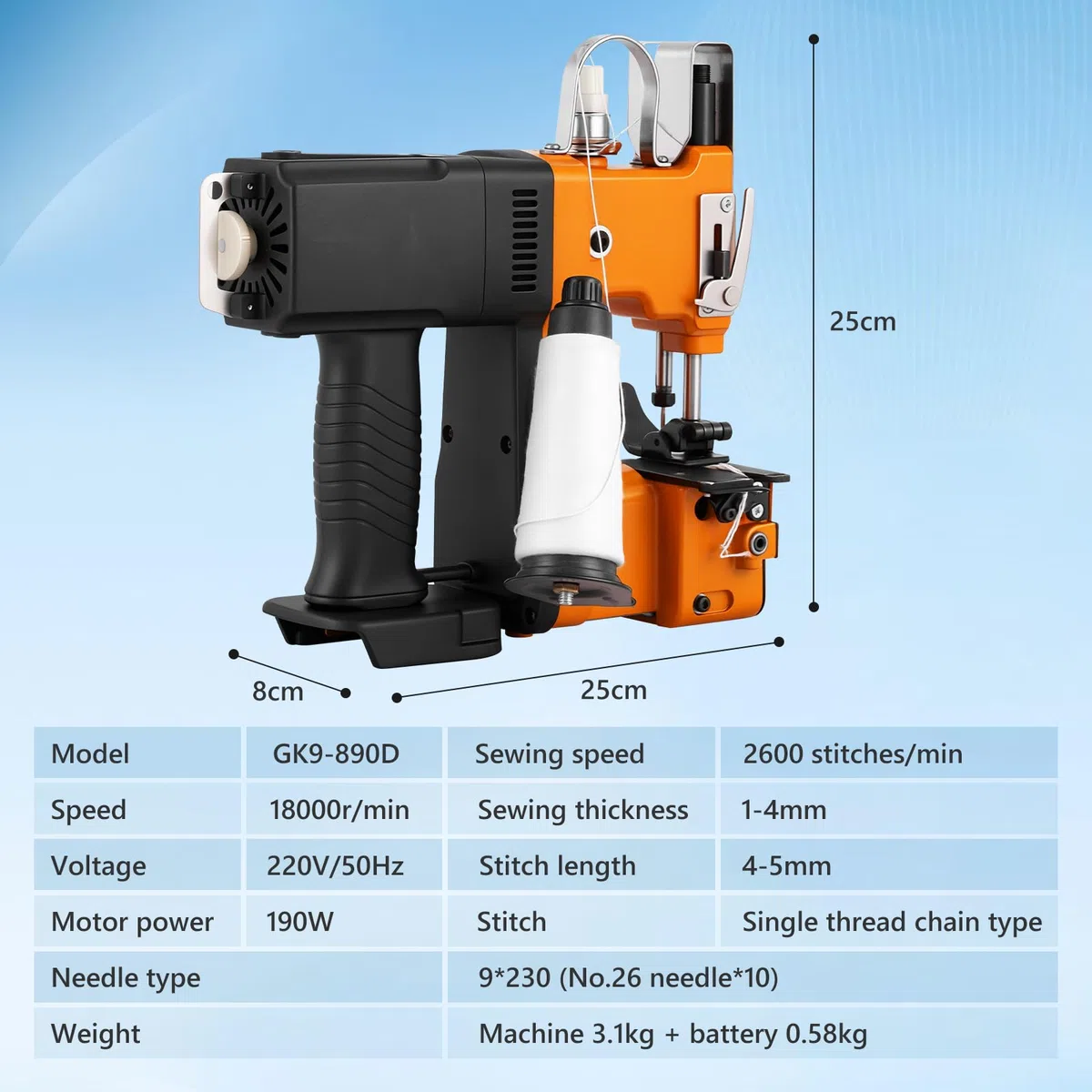 MXBAOHENG Maquina de Coser Sacos Portatil (con 1 batería) GK9-890D 220V Maquina coser sacos para Coser Bolsa Tejida/Arroz/Papel/Plástico