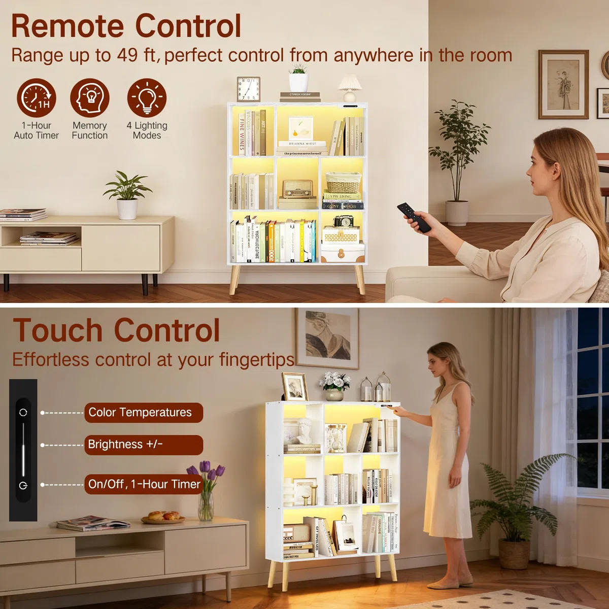 Estantería de 7 Cubos con Luces LED, Control Táctil y Remoto, Librería Moderna Independiente Regulable, Organizador de Madera para Salón, Dormitorio u Oficina
