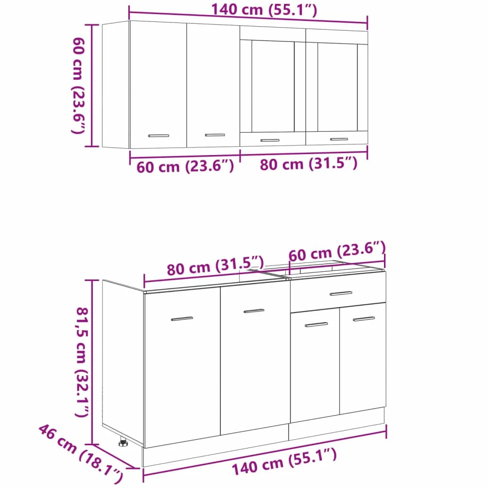 ACAGALA Cocina Completa 140cm Lineal 4 Piezas - Conjunto de Cocina Empotradas Modernas sin Electrodomésticos ni Encimera | Roble Sonoma