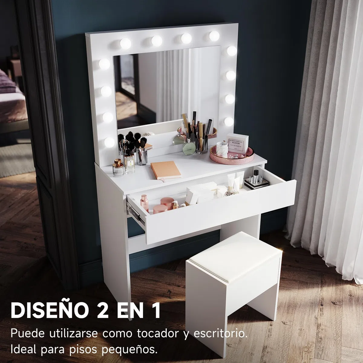 SONNI Tocador, 12 Luces LED con Brillo Ajustable, 1 Cajones Grandes y Taburete, Estilo Moderno, 80x40x140cm-Blanco