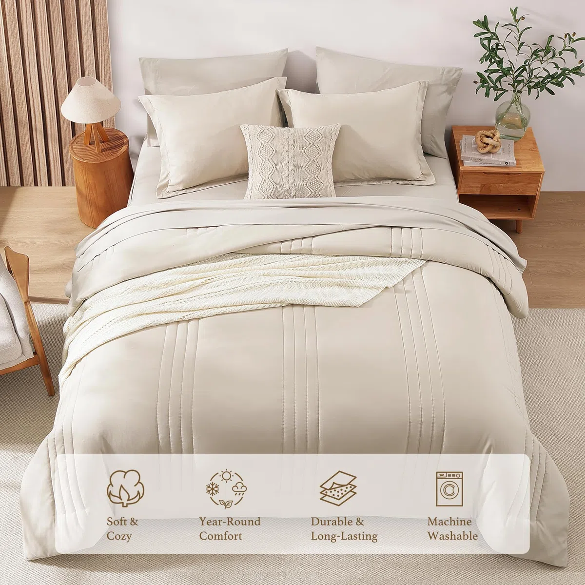 Monbix Juego de edredón tamaño Queen, Juego de Ropa de Cama Queen de 7 Piezas, edredones para Todas Las Estaciones, Juego de Cama Esponjoso, Cama cálida en una Bolsa, tamaño Queen con sábanas (Beige