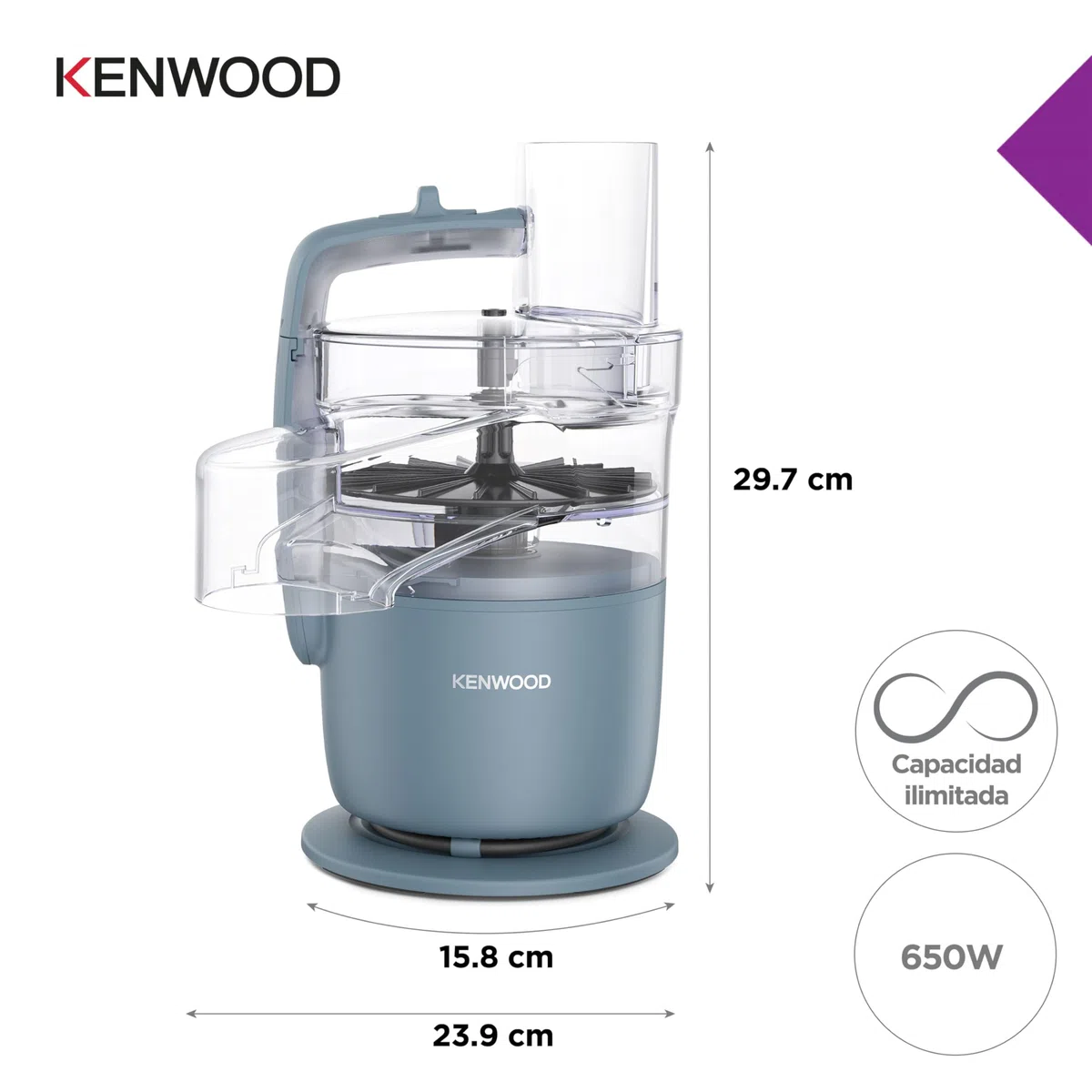 Kenwood, MultiPro Go FDP22.130GY, Procesador de Alimentos, para Picar, Cortar en Rodajas, Rallar, Hacer Puré y Amasar la Masa, con Servicio Exprés, Recipiente, Cuchilla y Disco de 4 mm, 650 W