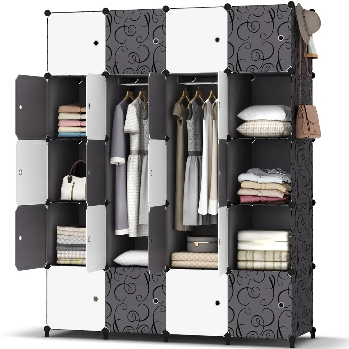 HOMIDEC Armario Modular, Guardarropa portátil para Colgar Ropa, 20 Cubo Ropero Armario Combinado con 3 Barra Colgante, Armario de Almacenaje de Ropa para Dormitorio