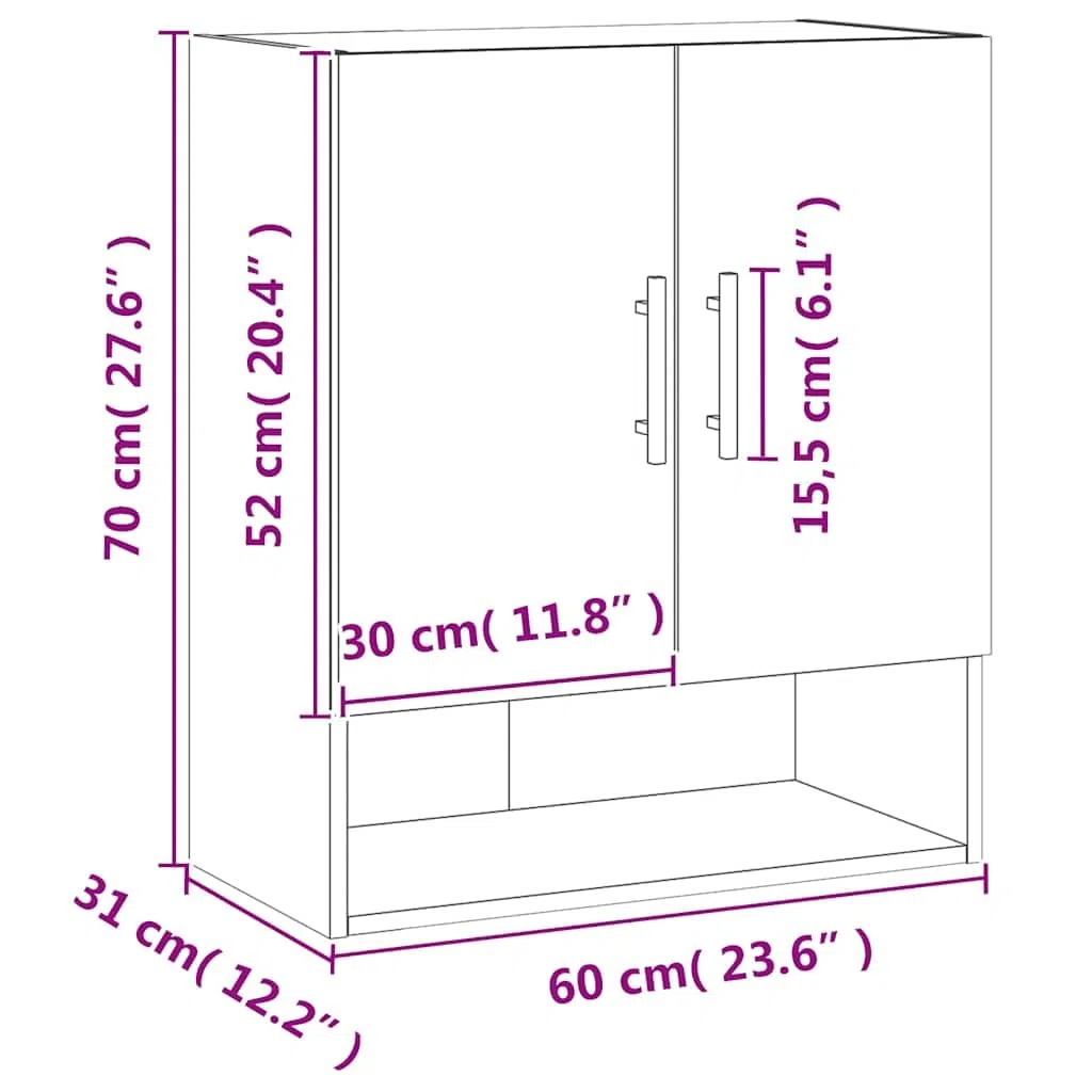 vidaXL Armario de Pared Madera de ingeniería Roble Sonoma 60x31x70 cm, Armario, Vitrina, Armario de almacenaje con Puerta, Armario de almacenaje