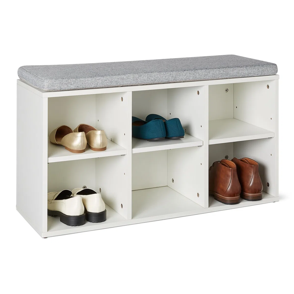 Amazon Basics Banco para Guardar Zapatos con Cojín, Zapatero con 6 Compartimentos, Estantes Ajustables, para la Entrada, 87 x 30 x 48cm, Blanco