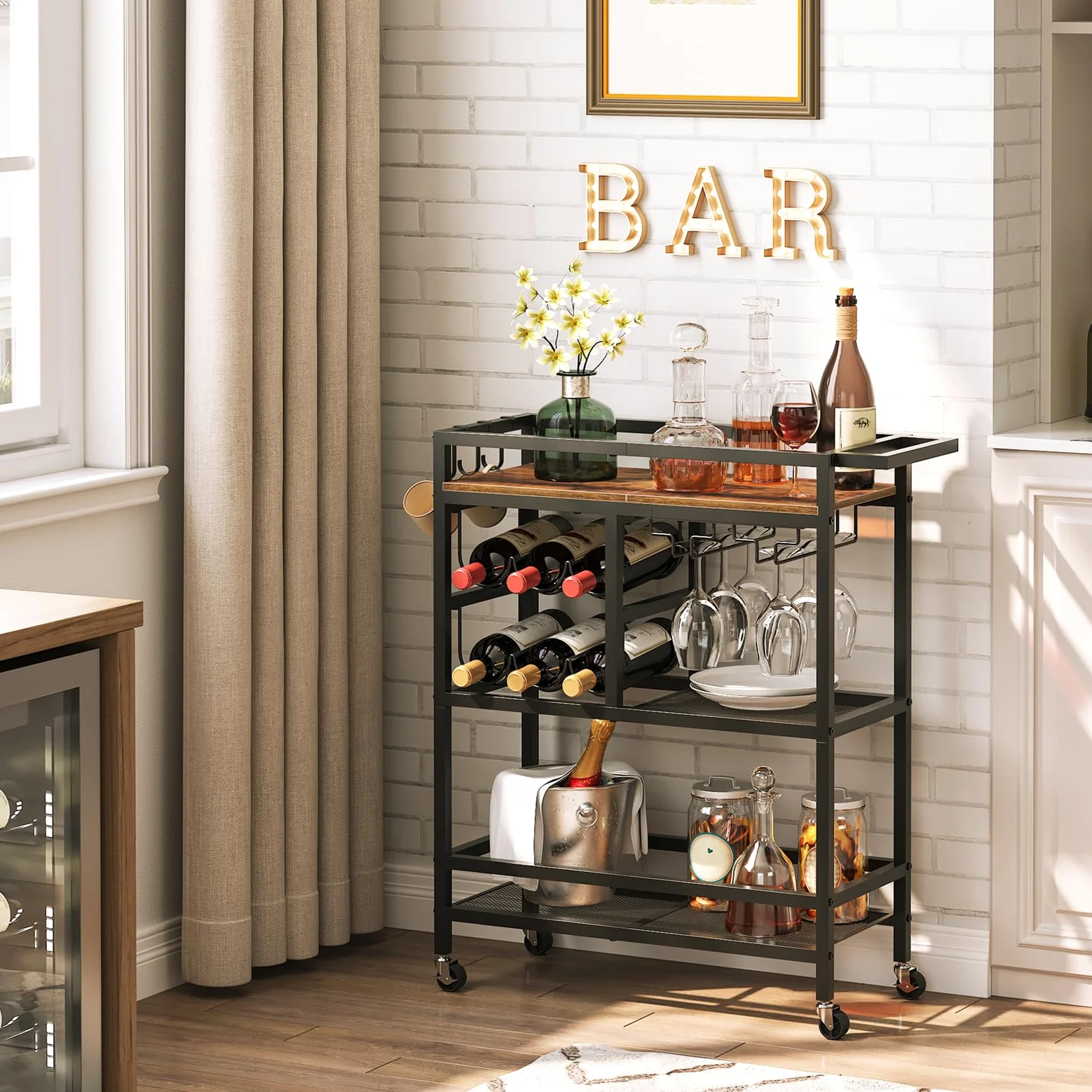MAHANCRIS Carro de Bar para el Hogar, Carrito de Servicio de 3 Pisos con Ruedas y Asa, Carro de Bebidas con Botellero y Portavasos, Carrito para Cocina, Comedor, Marrón Vintage ARCHR6101