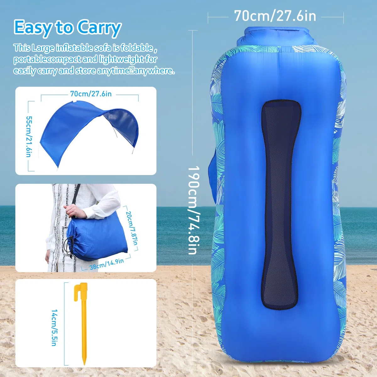 Tumbona inflable con diseño único de sombra, cama de playa inflable con almohada, sofá inflable impermeable, silla de camping, hamaca para senderismo, patio, viajes, playa, picnic (naranja)