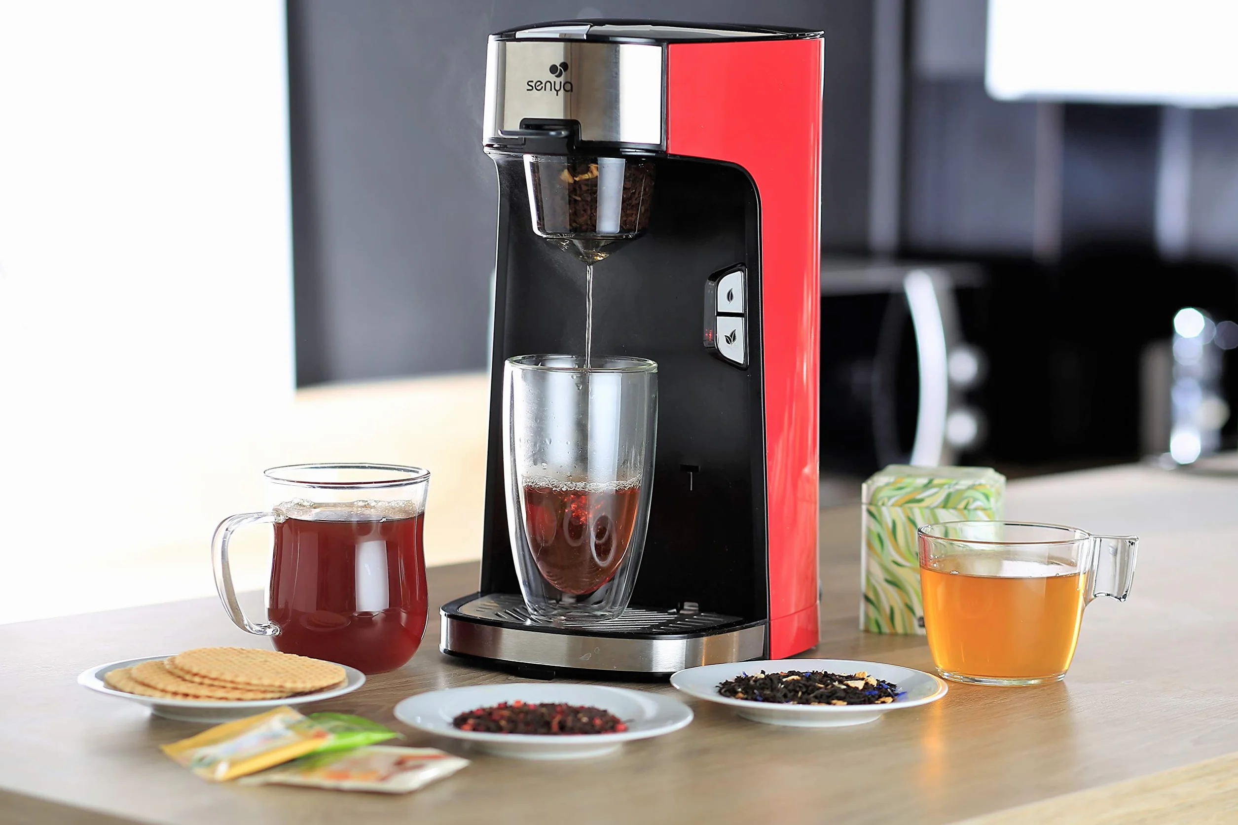 Senya Máquina de Té Tea Time, Tetera Eléctrica Compatible Con Té Suelto O En Bolsita, Roja