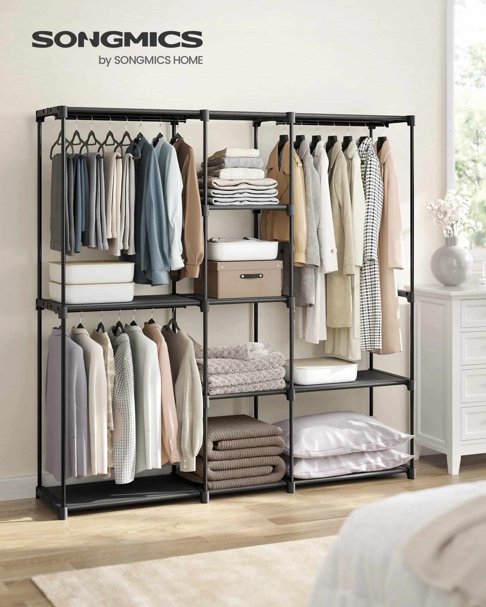 SONGMICS Armario, Perchero, Guardarropa, con Barras, Vestidor, Estantes de Tela, Marco de Metal, 182 x 43 x 182 cm, Negro Tinta RYG037B02