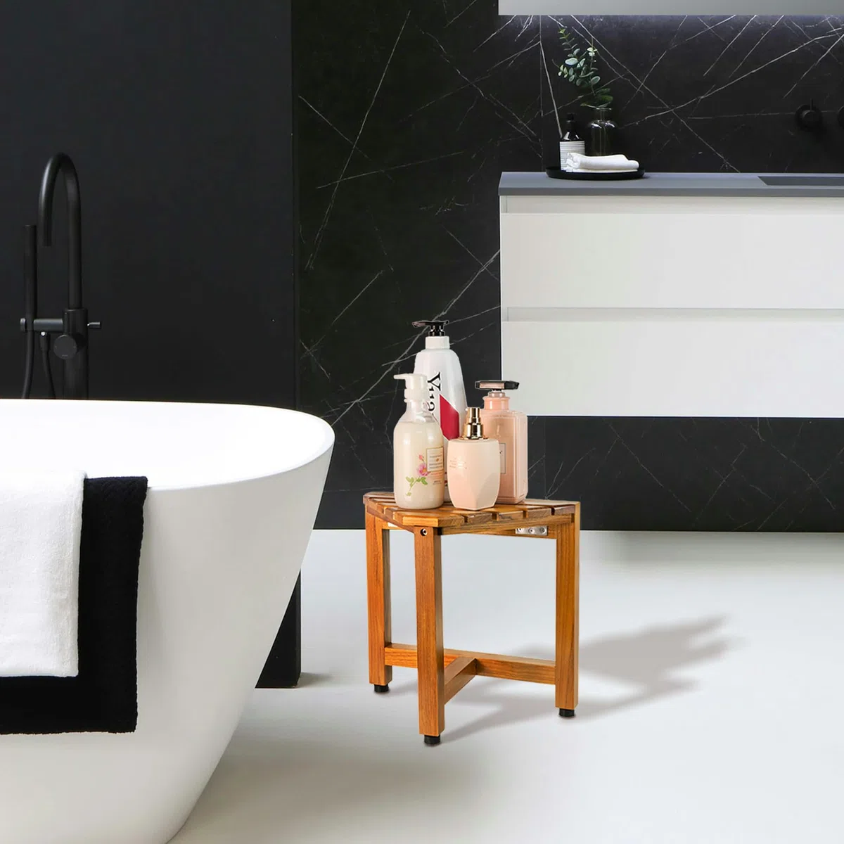 VaeFae Banco esquinero de Ducha de Teca, reposapiés de Madera, Banco de Ducha para Afeitar, Taburete de Ducha de Esquina para Ducha Interior, baño