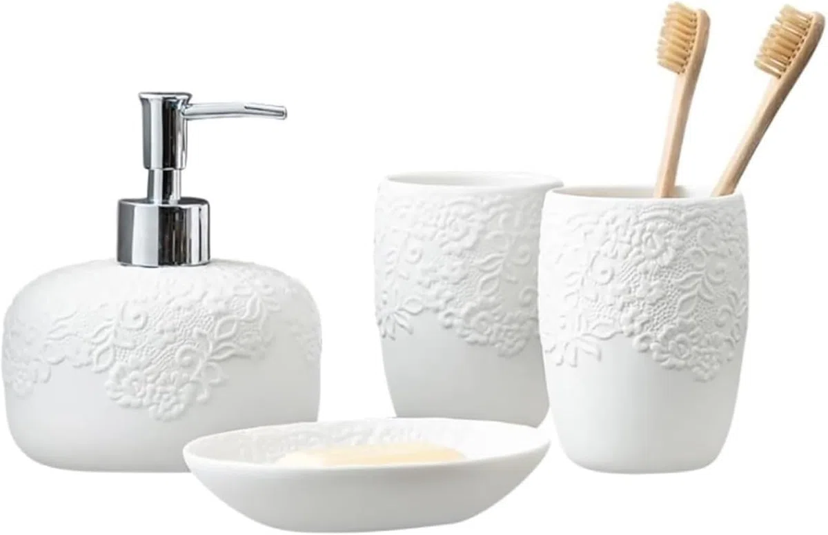 Juego de accesorios de baño – Juego de accesorios de baño de cerámica de diseño moderno – 4 piezas con detalles decorativos