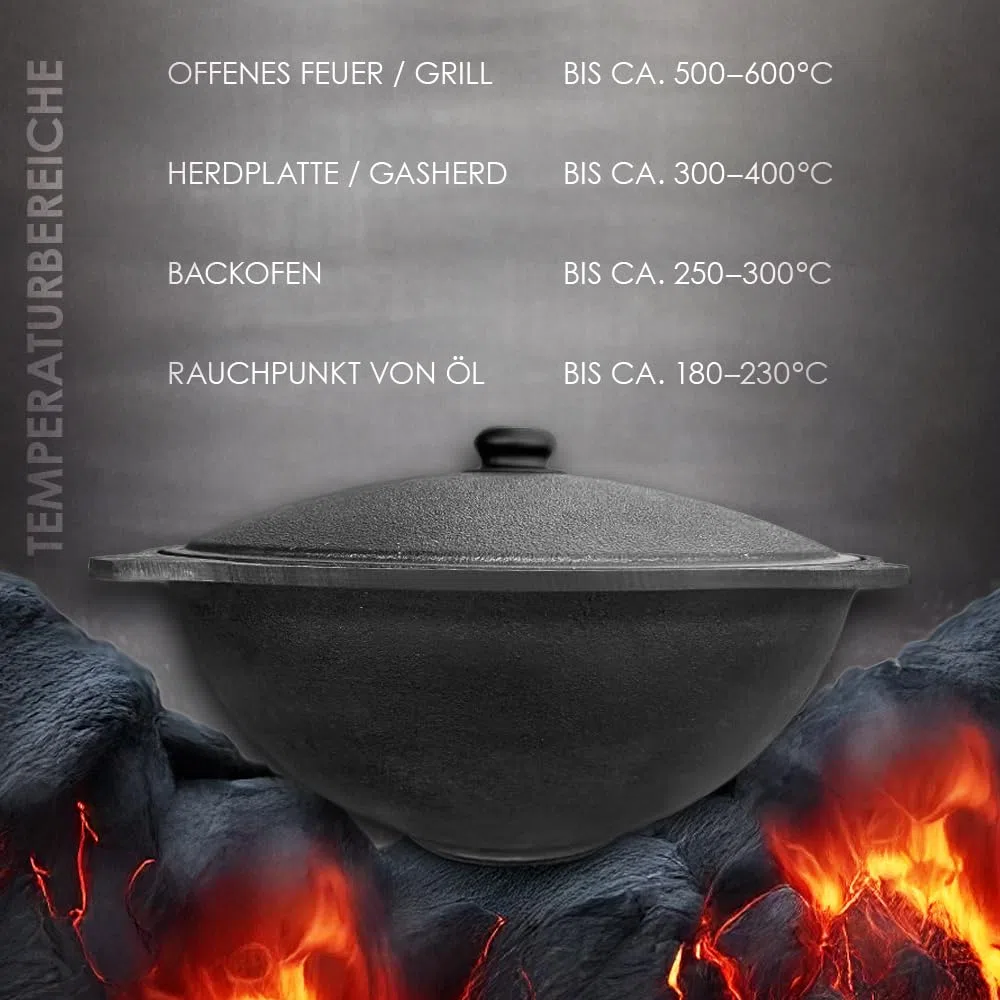 Kazan 12L de hierro fundido – Kazan uzbeko con tapa de aluminio y espumadera – Ø 48 cm – Ideal para Plov, Wok, horno de fuego y cocina al aire libre