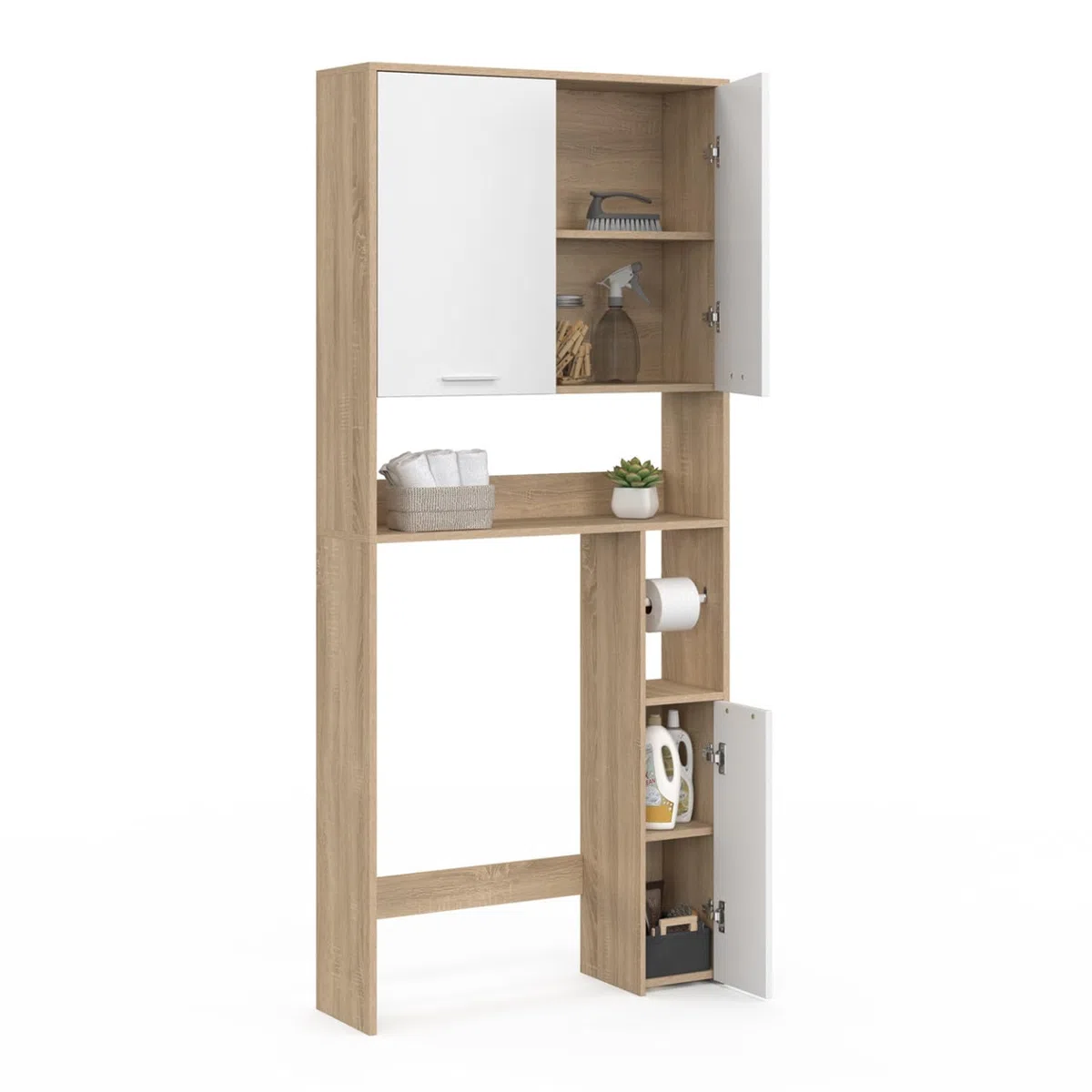IDMarket WALLIS – Mueble estante superior para inodoro de madera de haya y blanco