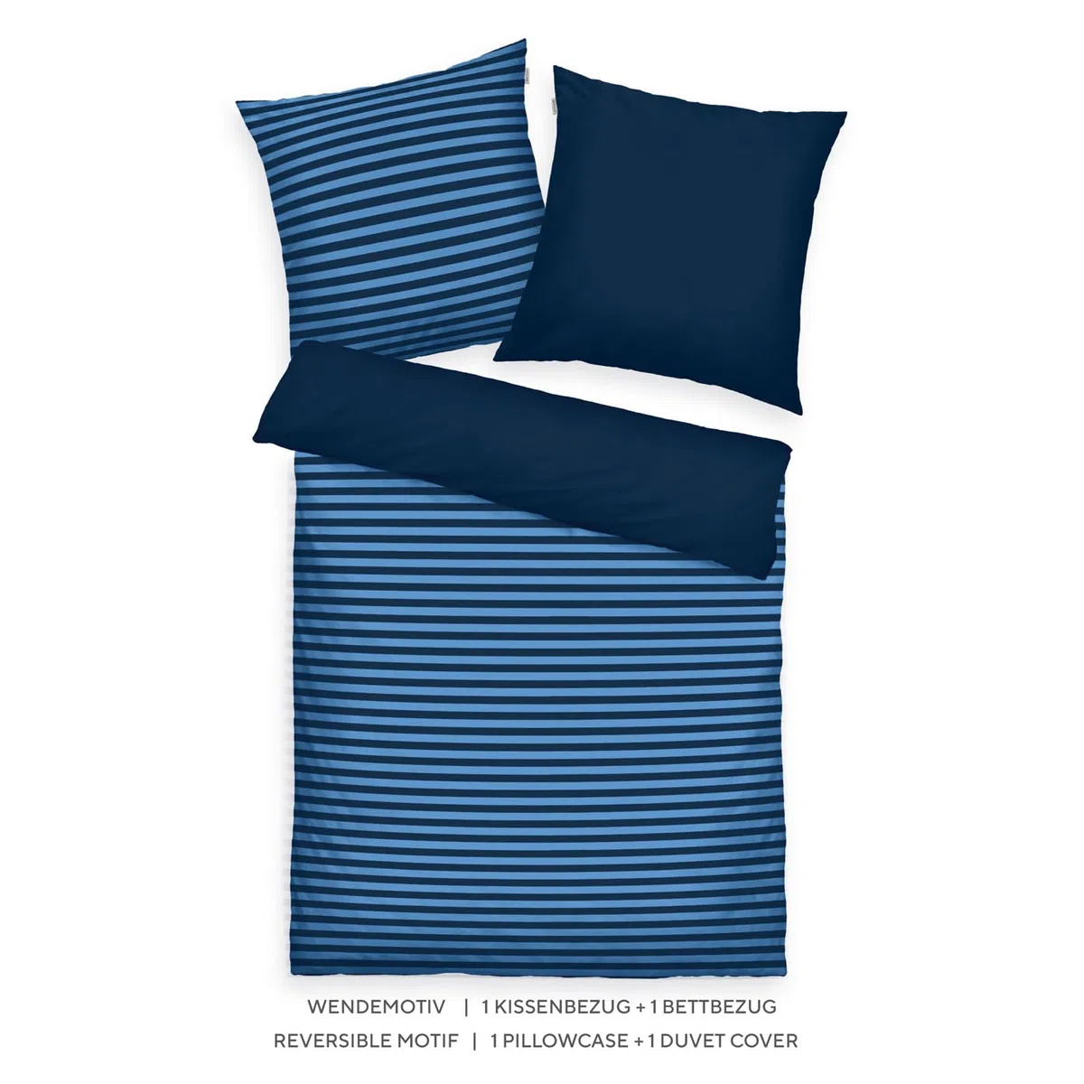 Herding TOM Tailor Bettwäsche Medium Stripes Dark Navy & Cool Blue, 80 x 80 cm + 155 x 220 cm, 100% Baumwolle/Renforce, mit Wendemotiv und farbigem Markenreißverschluss