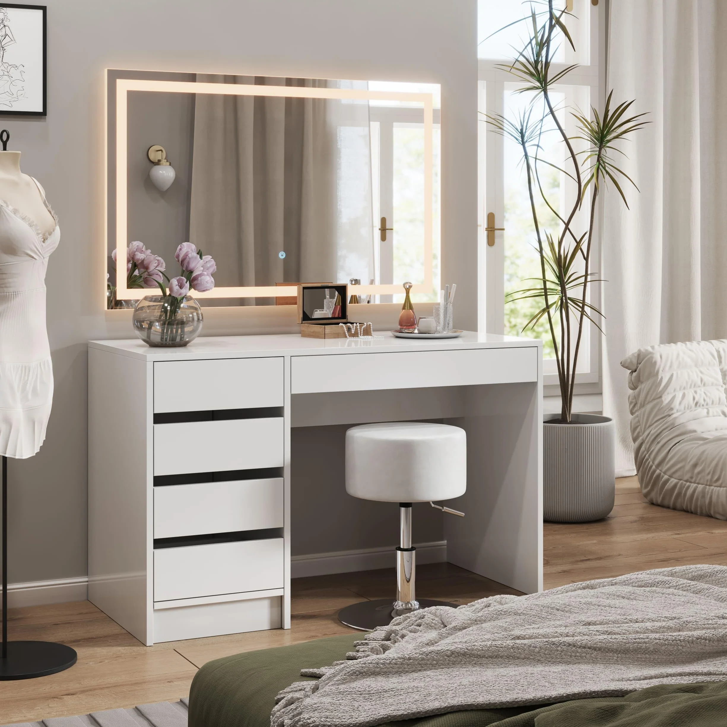 Vicco Taburete Design, Blanco, 33.5 x 67 cm para tocador, Ajustable en Altura con tapizado de Cuero sintético Resistente