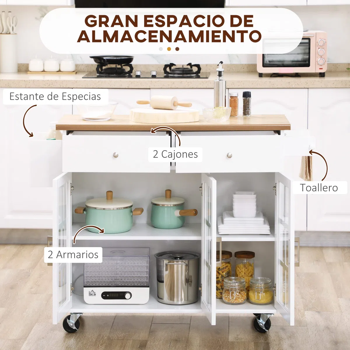 HOMCOM Carro de Cocina Isla de Cocina con Ruedas Multifuncional con 2 Cajones 3 Puertas de Vidrio Templado Toallero y Especiero 124,5x39,5x90 cm Blanco