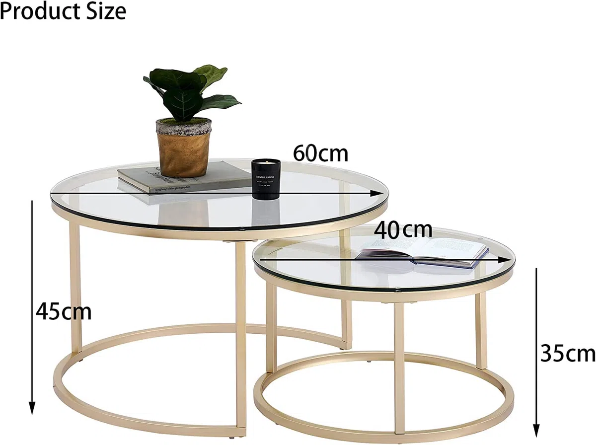 Conjunto de 2 Mesas de Centro Redondas, Mesas de Centro, Grande: 60 x 60 x 45 cm; Pequeña: 40 x 40 x 35 cm, Mesa Auxiliar Redonda, Tapa de Mesa de Vidrio Templado, Dorado Y Vidrio