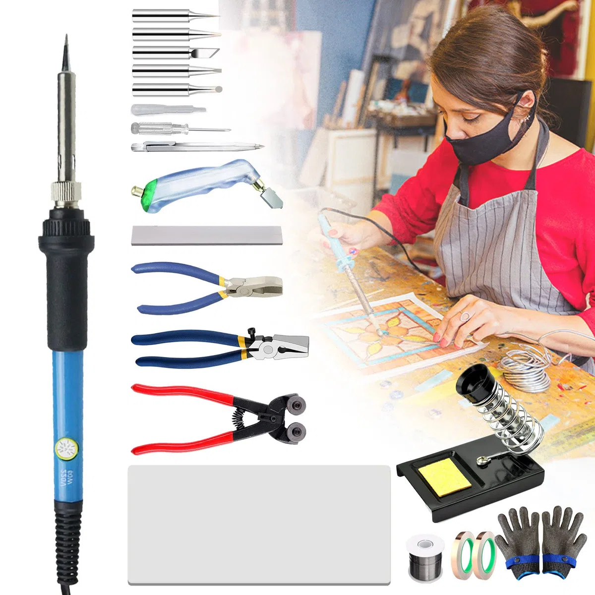 Kit de vidrieras, Herramienta para vidrieras de Bricolaje, Bolsa de Herramientas de Soldadura, Herramientas de lámina de Cobre, Kit de Herramientas para Cortar Vidrio, ju