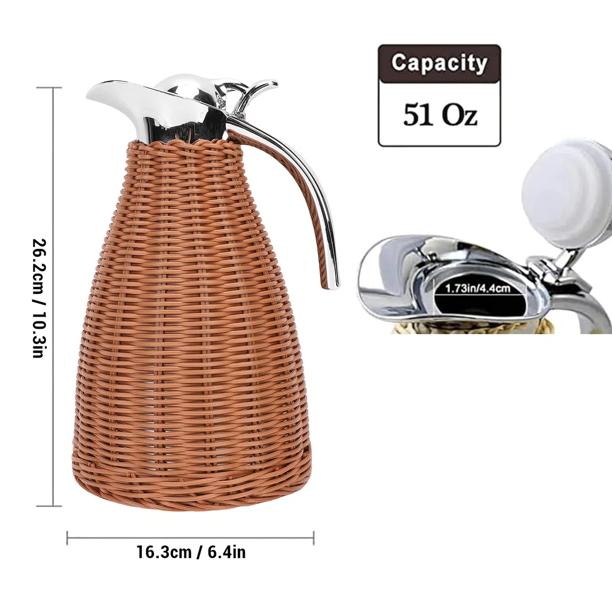 Jarra de café trenzada a mano de ratán y acero inoxidable, 12 horas de calor y 24 horas de almacenamiento en frío para bebidas calientes o frías (marrón)