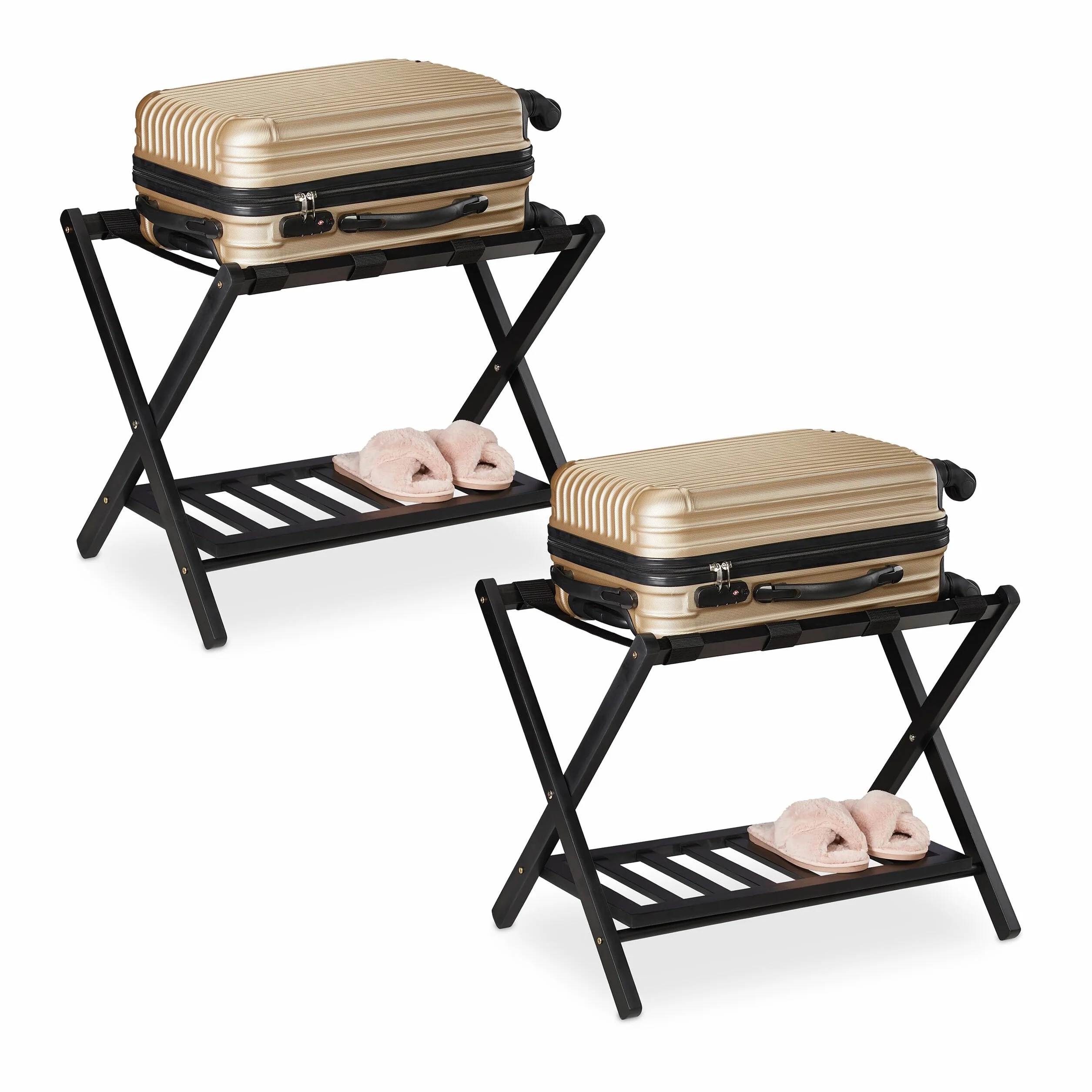 Relaxdays Pack 2 Soportes Maletas, Taburetes Equipaje Plegables, 54x66x45 cm, Portabultos Madera Hotel, 2 Baldas, Negro