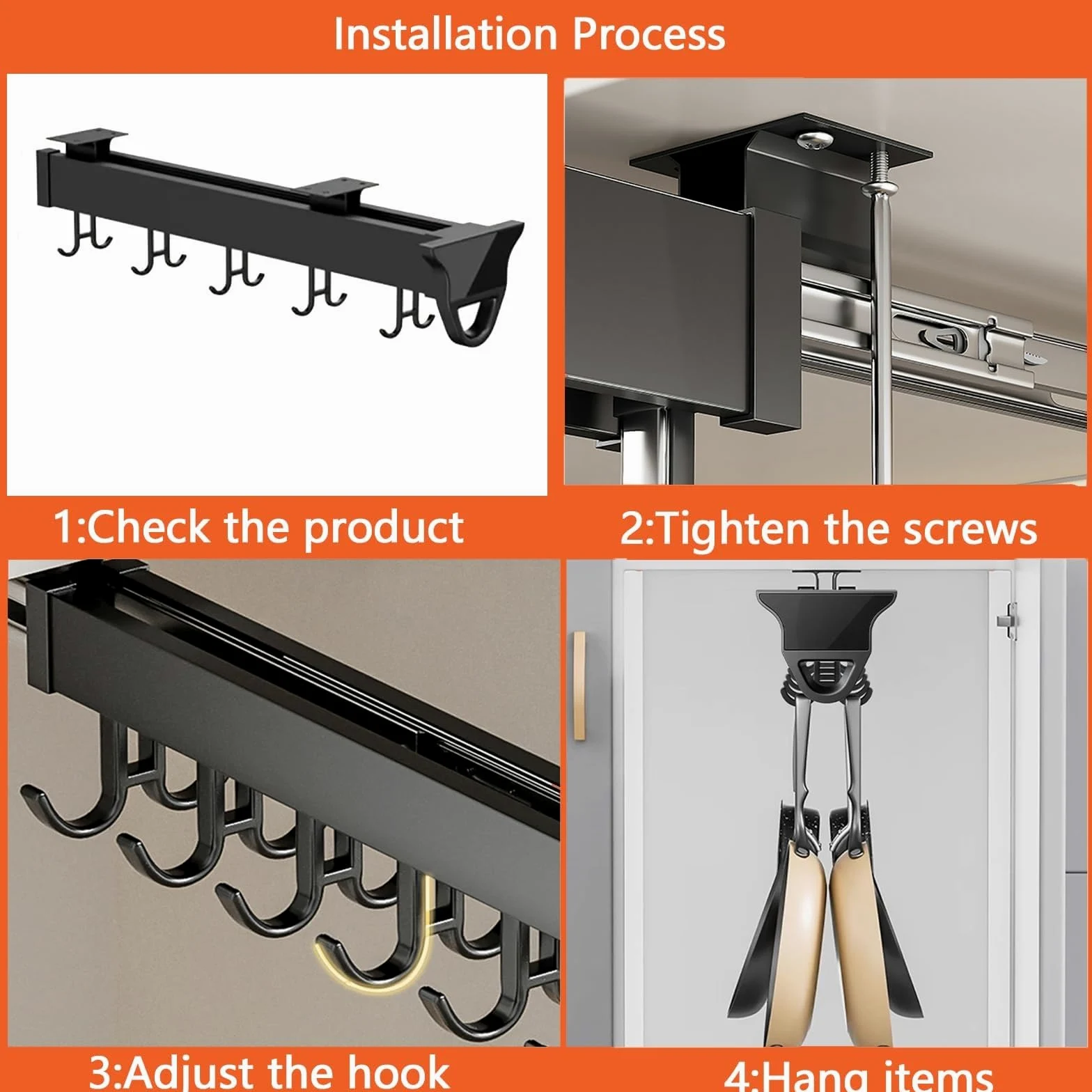 Organizador Extraíble De Ollas Y Sartenes, Soporte Extraíble para Escobas Y Trapeadores, Riel para Colgar Soporte De Armario De Aleación De Aluminio con Ganchos Ajustables(22.04in-20 Hook)