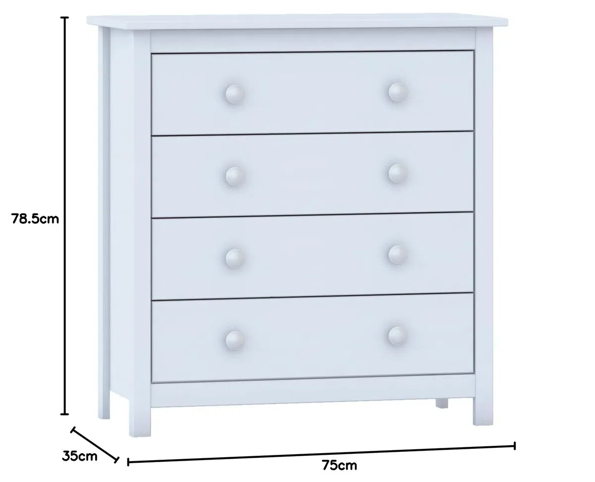 Cómoda Tabac de Madera Maciza de Pino Natural Blanco Lavado – 4 Cajones – Cajonera Dormitorio y Salón – Mueble Auxiliar de Almacenaje – 78,5x75x35 cm – Serie Alme – Robusta y Duradera