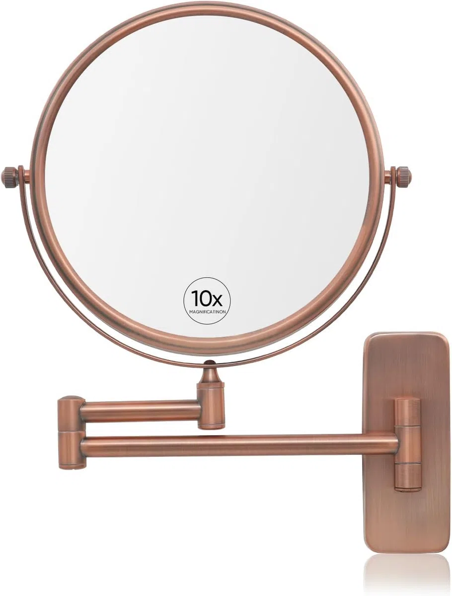 Nicesail Espejo de maquillaje para pared, color oro rosa mate, con aumento, 10 aumentos, espejo de aumento para baño, espejo de afeitar extensible, diámetro 20 cm