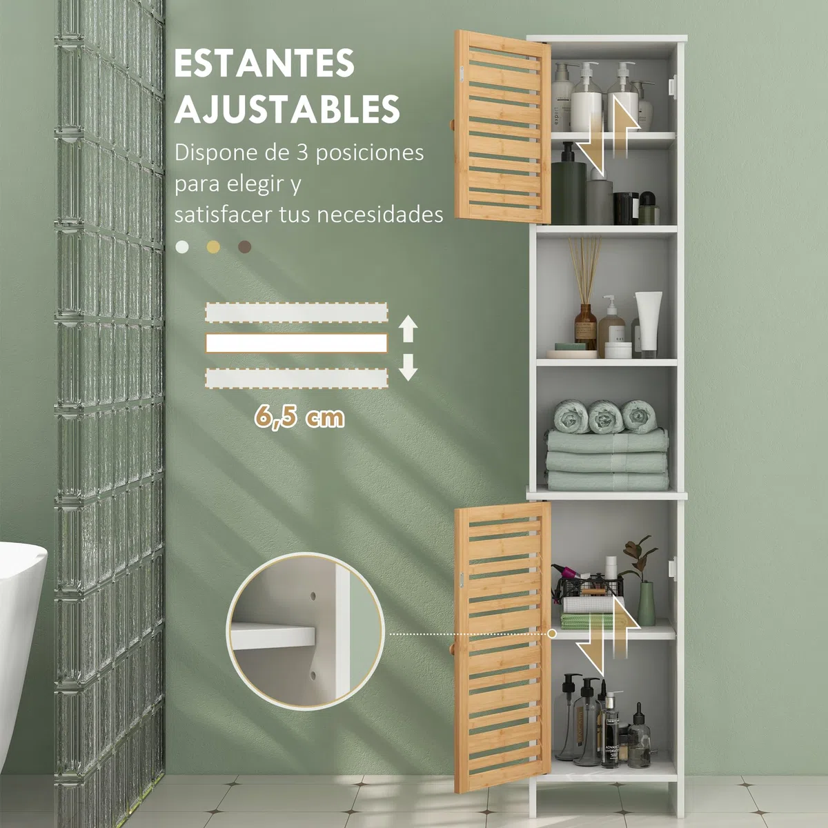 HOMCOM Columna de Baño Moderna Armario Alto de Baño con Estantes Ajustable y Puerta de Bambú Anti-vuelco 35x30x170 cm Blanco y Natural