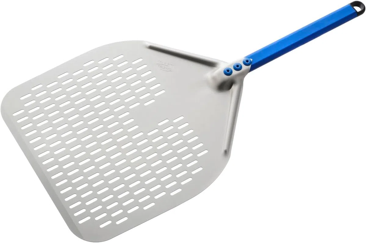 Gi.Metal Pala de pizza rectangular perforada de 33 cm con mango de 58,5 cm