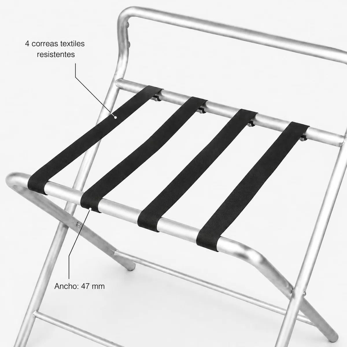 SARO AF 247 Portamaletas, acero inoxidable, plegable, 550 x 500 x 630 mm, 4 bandas textiles, diseño resistente