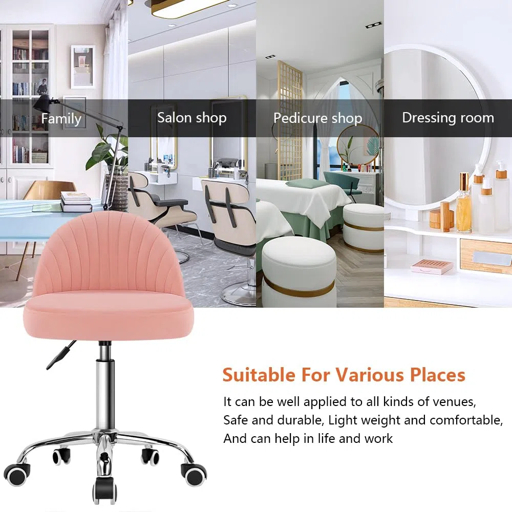 KKTONER Taburete giratorio de terciopelo con ruedas y respaldo ajustable en altura para dormitorio, hogar, maquillaje, cosméticos (rosa)