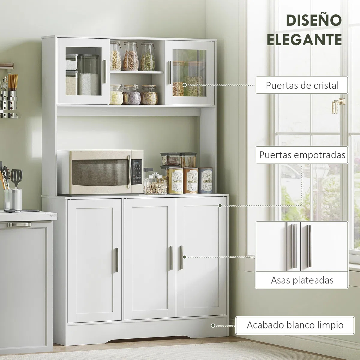HOMCOM Alacena de Cocina, Mueble Auxiliar de Cocina con 2 Puertas de Vidrio, Encimera Amplia para Microondas, Compartimentos Abiertos, Estantes Ajustables, 108x35x180 cm, Blanco