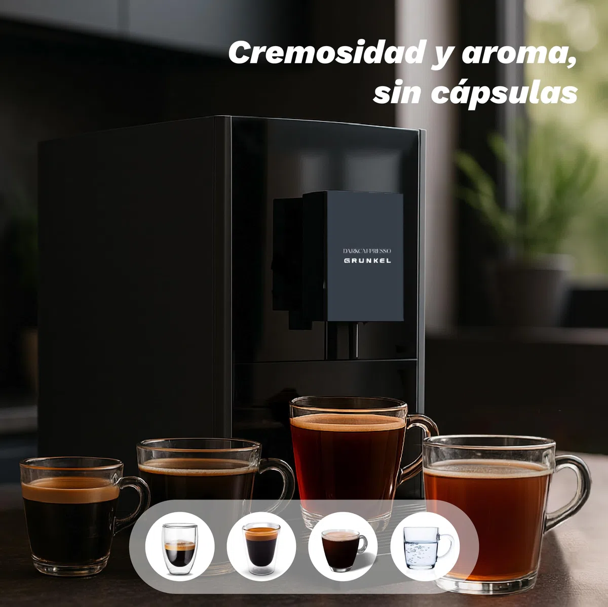 Grunkel DARKCAFPRESSO, Cafetera Súper Automática, 20 Bares, 1,2L, Molinillo Desmontable, Pantalla Táctil