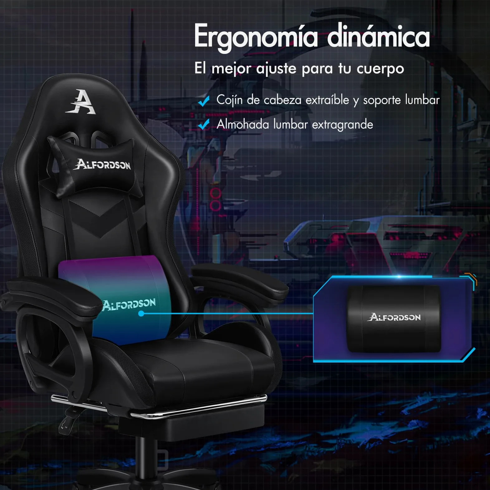 ALFORDSON Silla Gaming con Masaje y LED, Silla Gamer Ergonómica con Cojín Lumbar y Cervical, Reposapiés Telescópico, Iluminación para Juegos, Oficina, Ordenador, Videojuego, Cuero PU(Negra)