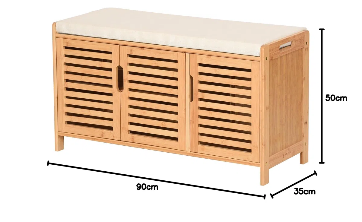 Zapatero de bambú con banco con asiento, banco para zapatos con 3 compartimentos, cojín de asiento, cómoda zapatera, armario de almacenamiento para pasillo, área de entrada, 50 x 90 x 35 cm