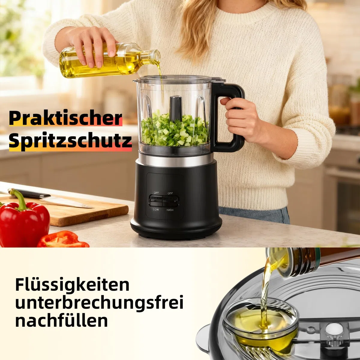 Picadora Eléctrica - 400W Robot de Cocina Multifunción con 2 Velocidades, 4 Cuchillas Bilevel Acero Inox y Varilla Batidora - Recipiente 0.95L para Picar, Mezclar, Emulsionar y Triturar