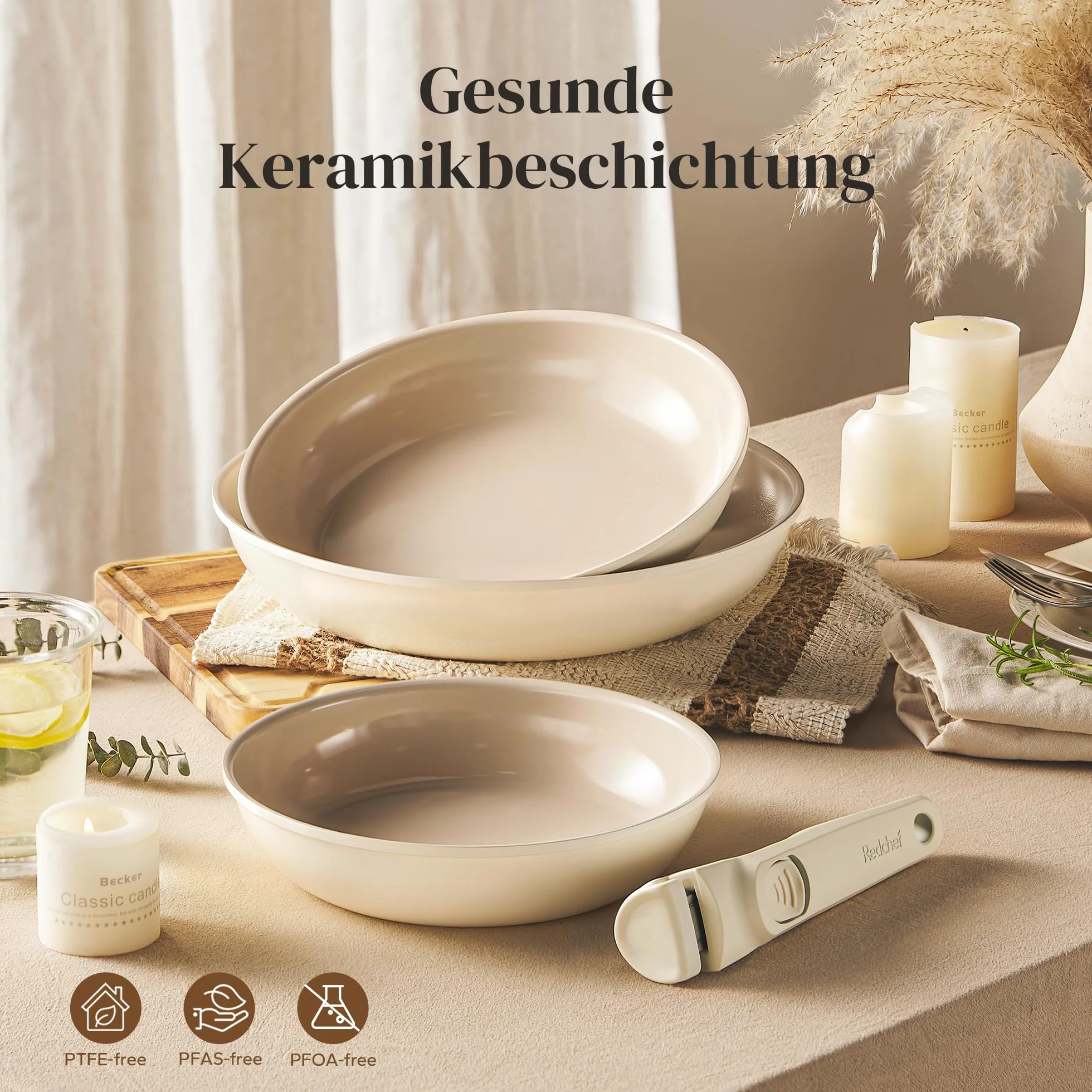 Redchef Juego de Ollas 6 Piezas sartenes Cerámicas, Sartén Cerámica con Granito Antiadherente, Apta para Inducción 20, 24, 28 cm, Ahorra Espacio, Sin Ptfe & Pfoa & Pfas, Horno y Lavavajillas, Beige